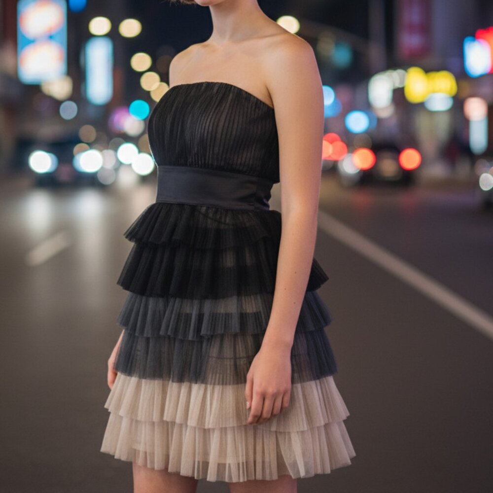 Ark & Co Strapless Tiered Tulle Mini Dress Black Gray Ombré Size Medium